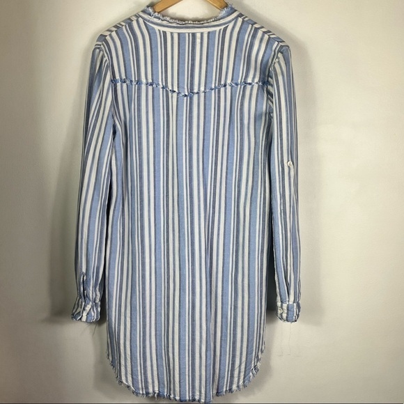 Anthropologie Cloth & Stone High-Low Frayed Linen BlendStriped Tunic Shirt Dress - Picture 3 of 8